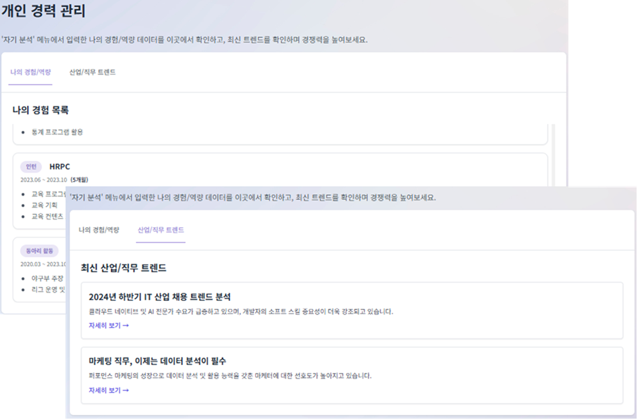 경력 관리 화면 예시